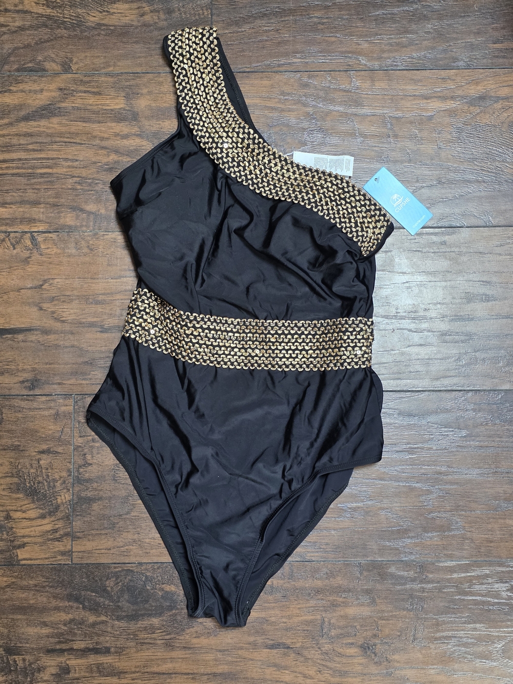 Cupshe Black One-Shoulder Swimsuit with Gold Trim Size Small